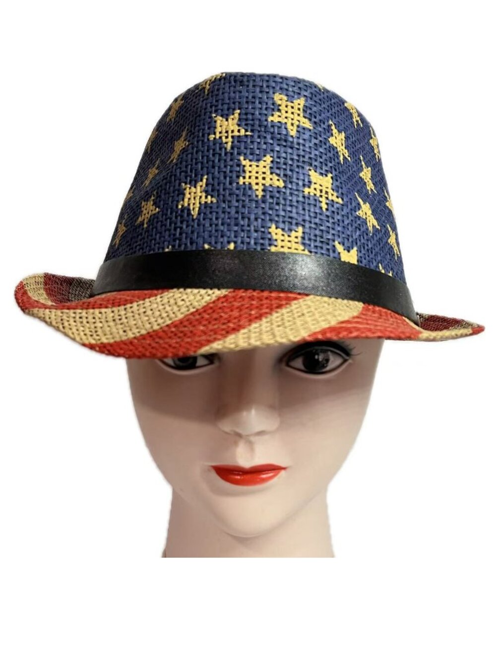 USA Flag Stars Stripe Fedora Straw Belted Hat for Men Women - Blue Red Beige